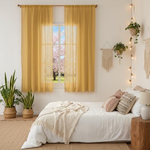 WAZZIO Boho Lace Curtains 63 Inches 2 Panel,Light Filtering Privacy Tassel & Geometry Crochet Semi Sheer Curtain Drapes for Bedroom Living Dining Room,Rod Pocket & Tassel,Mustard Yellow - color: Yellow, size: 59"W x 63"L (Pack of 2)
