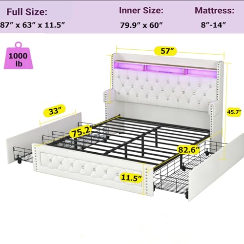 Ailisite Full Size Bed Frame with 4 Storage Drawers,Velvet Upholstered Full Platform Bed with Charging Station and Bookcase Storage Headboard, Led Full Bed Frame, No Box Spring Needed,White - color: White, size: Full