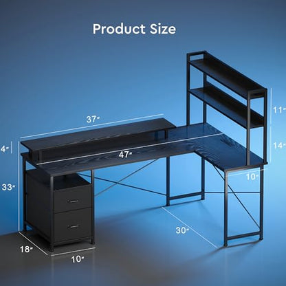 L Shaped Gaming Desk, Reversible with LED Lights, Shelves, Charging, Black | Reversible, LED lights, Charging, Monitor stand - color: Black