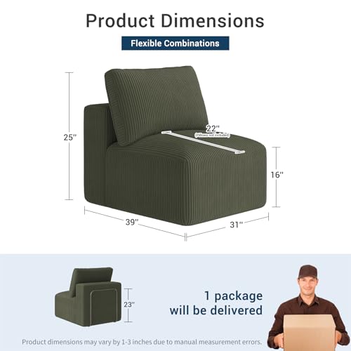 Modern Single Boneless Sofa Couches for Living Room - 39" Cloud Couch - Easy Assembly, Cozy Corduroy Convertible Full Sponge Compression Sofas for House, Apartment(Green)
