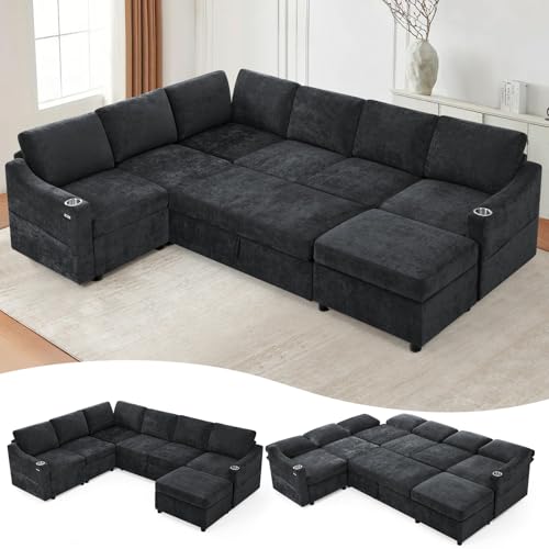 116" Chenille Modular Sofa Bed w/Adjustable Backrests, Black | U-Shape Sleeper Sofa w/USB Ports & Storage Space, Convertible Corner Sectional Couch w/Pull Out Bed for House, Living Room - color: Black, style: U-Shape