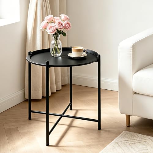 Lightdot Black Side Table, 21" Small Corner End Table with Removable Tray, Round Metal Night Stand Corner Tables for Living Room Bedroom Nursery Apartment Nightstand Modern Minimalist Bedside Table - color: 21in Black-round Metal