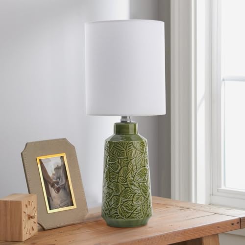 17.75" Green Ceramic Table Lamp Set of 2, Modern Leaf Relief Nightstand Lamps with White Shade, Rustic Green Lamps for Bedroom, Living Room, Side Table & Office