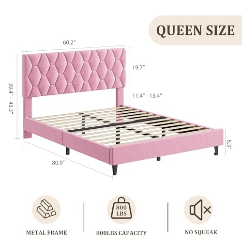 GAOMON Pink Queen Bed Frame with Upholstered Headboard, Heavy-Duty Platform Bed Frame with Strong Wood Slats, No Box Spring Needed/Noise Free/Easy Assembly | Heavy-Duty Bed Frame with Wooden Slats Support Upholstered Mattress Foundation No Box Spring Need