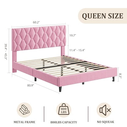 GAOMON Pink Queen Bed Frame with Upholstered Headboard, Heavy-Duty Platform Bed Frame with Strong Wood Slats, No Box Spring Needed/Noise Free/Easy Assembly | Heavy-Duty Bed Frame with Wooden Slats Support Upholstered Mattress Foundation No Box Spring Need