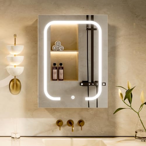Lighted Bathroom Medicine Cabinet with Mirror, LED Bathroom Vanity Mirror with Storage, 3 Color Temperatures, Wall Mounted Bathroom Cabinet, Adjustable Shelves, Touch-Sensitive Control, White