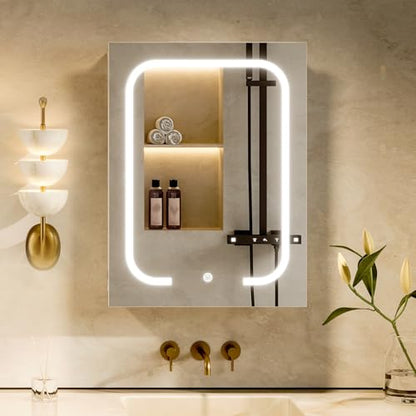 Lighted Bathroom Medicine Cabinet with Mirror, LED Bathroom Vanity Mirror with Storage, 3 Color Temperatures, Wall Mounted Bathroom Cabinet, Adjustable Shelves, Touch-Sensitive Control, White
