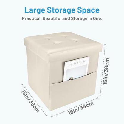 Bsketa Storage Ottoman Bench,15 Inch Folding Leather Foot Rest Stool, Beige | Small Ottoman with Side Pockets, Thicker Foam Padded Seat, Livingroom, Dorm, Bedroom, Easy to install, 30L,15x15x15in - color: Beige-with Side Pockets