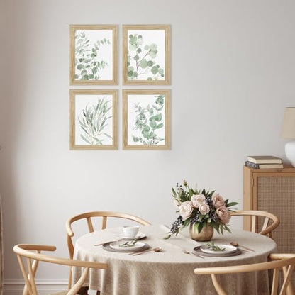 Botanical Plant Wall Art Prints: Sage Green Eucalyptus Picture Decor 4 Piece Framed Boho Leaves Poster for Bathroom Bedroom Living Room Home Decoration 8" x 10"