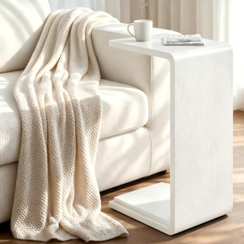 Solid Wood C Shaped Sofa Side Table, Small End Table for Couch, Modern Simple Narrow Table for Small Spaces, Mini Coffee Table for Living Room, Bedroom, Bedside (Whitewash) - color: Whitewash
