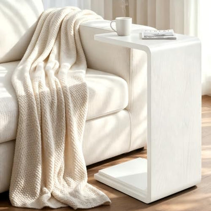 Solid Wood C Shaped Sofa Side Table, Small End Table for Couch, Modern Simple Narrow Table for Small Spaces, Mini Coffee Table for Living Room, Bedroom, Bedside (Whitewash) - color: Whitewash