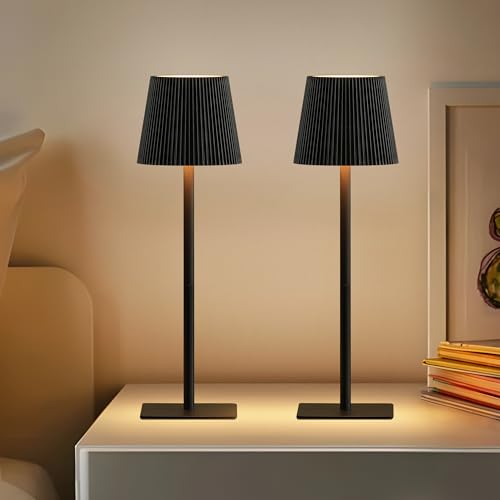 LUTEC 2 Pack Cordless Table Lamp,6000mAh Rechargeable Battery Operated Desk Lamp,Two Adjustable Heights,Waterproof, Touch Control & 3 Color Stepless Dimming for Restaurant/Bedroom/Bars/Outdoor (Black) - color: Black