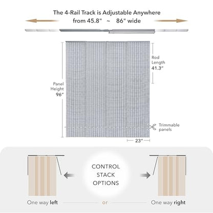 Deluxe Sliding Vertical Blinds,White Trendy Door Blinds, Blue Panel Track Blinds, Patio Room Dividers, 45.8"- 86" W x 96" H, Extendable Track, Designer Pattern Woven Panels, Mykonos - color: Mykonos