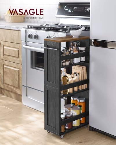 VASAGLE 4-Tier Slide-Out Storage Cart, Slim Kitchen Cart for Small Spaces, with Wheels, Handle, Bathroom, Laundry Room, 7.9 x 17 x 34.1 Inches, Ebony Black and Rustic Brown ULRC051K02 - color: Ebony Black + Rustic Brown, size: 7.9"D