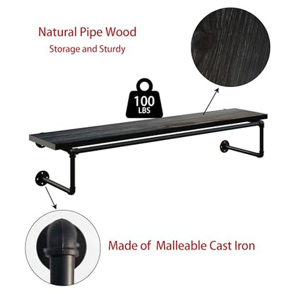 Clothes Rack 48in, Wall Mounted Garment Racks with Real Black Wood Shelf, Heavy Duty Hanging Clothes Rack, Multi-Purpose Hanging Rod, Space-Saving Closet Storage - color: Black, size: 1T48IN