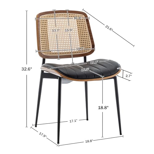 Rattan Dining Room Chairs Set of 2, Mid Century Modern Kitchen Ktichen Chairs,Faux Leather Walnut Wood Finish Side Chair, Metal Legs Desk Chair with Rattan Backrest,Black - color: Black, size: Set of 2
