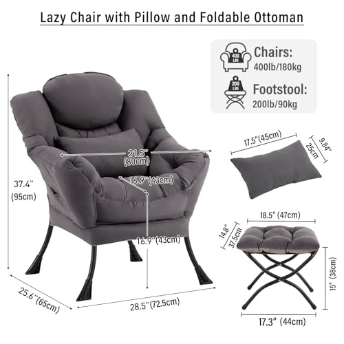 Lazy Chair with Ottoman, Reading Chair with Pillow，Dark Grey | Comfy Accent Lounge Chair with Pillow & folding Foot Stool, sturdy metal frame for bedroom, dorm or apartment, Living Room - color: Dark Grey