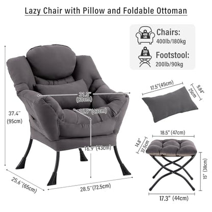 Lazy Chair with Ottoman, Reading Chair with Pillow，Dark Grey | Comfy Accent Lounge Chair with Pillow & folding Foot Stool, sturdy metal frame for bedroom, dorm or apartment, Living Room - color: Dark Grey