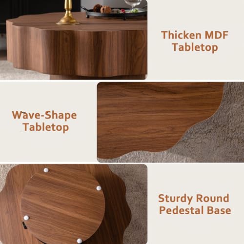 Modern Scalloped Coffee Table 31.5" Round Wood Center Table Wave-Shape Coffee Tea Tables with Pedestal Base for Living Room Apartment Small Space (Walnut) - color: Walnut