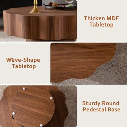 Modern Scalloped Coffee Table 31.5" Round Wood Center Table Wave-Shape Coffee Tea Tables with Pedestal Base for Living Room Apartment Small Space (Walnut) - color: Walnut