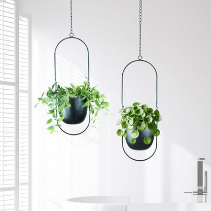 Modern Metal Hanging Planters with 6 Inch Pots and Sleek Chains - Set of 2 Oval Geometric Plant Hangers - Black Wall and Ceiling Mount Flower Holders for Indoor Décor - size: OVAL-6 INCH POT-V2