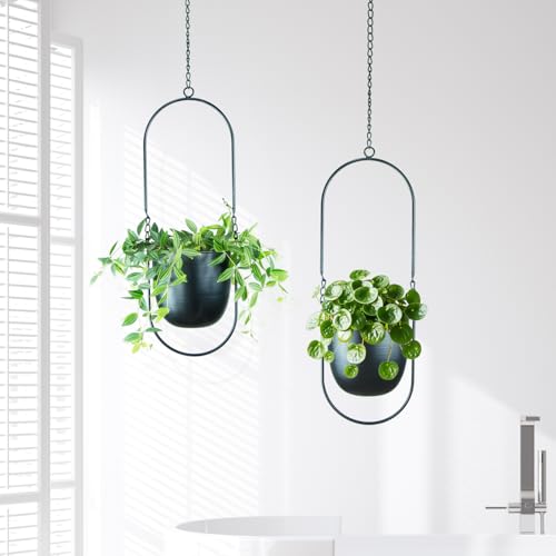 Modern Metal Hanging Planters with 6 Inch Pots and Sleek Chains - Set of 2 Oval Geometric Plant Hangers - Black Wall and Ceiling Mount Flower Holders for Indoor Décor - size: OVAL-6 INCH POT-V2