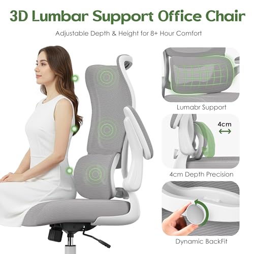 Office Chair Ergonomic Desk Chair - Comfy Mesh High Back Office Chair with Lumbar Support Wheels Home Desk Office Chairs Flip up Armrest Executive Rolling Swivel Task Work Computer Chair Grey - color: Grey