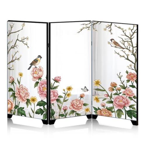 Mini Folding Screen, 3 Panel Divider, Chinese Style Vintage Desktop Mirror Privacy Shield Tabletop Feng Shui Ornaments for Home Office Decoration - color: B