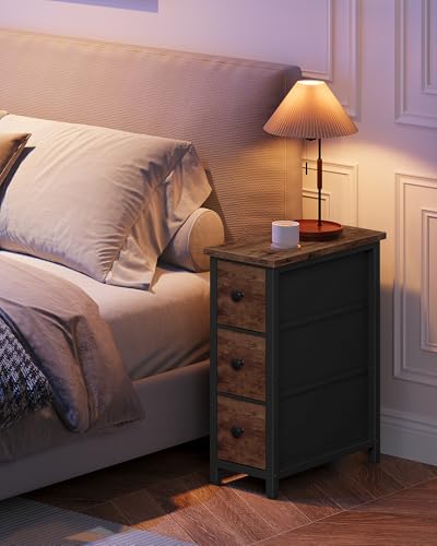 Narrow Side Table with 3 Fabric Drawers, Industrial Slim Bedside Table for Small Spaces, Bedroom, Living Room, Dormitory, Rustic Brown and Black TBZ09BF - color: Rustic Brown + Black