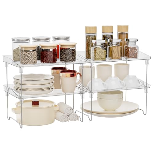 STARLATTA Acrylic Cabinet Organizer Shelf,4 Pcs Stackable Kitchen Counter Shelves,Spice Rack,Countertop Organizers,Clear Plastic Storage Organization for Makeup，Bathroom,Cupboard,Desk,Pantry - color: clear, size: 4 pack