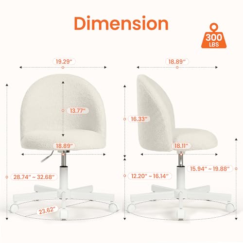 NEO CHAIR Vanity Chair with Wheels, Comfy Adjustable Armless Seat, White | Small Cozy Teddy Fleece, Padded Comfortable Back Support, Durable Base for Makeup, Reading, Computer Use, or Office Tasks - color: White