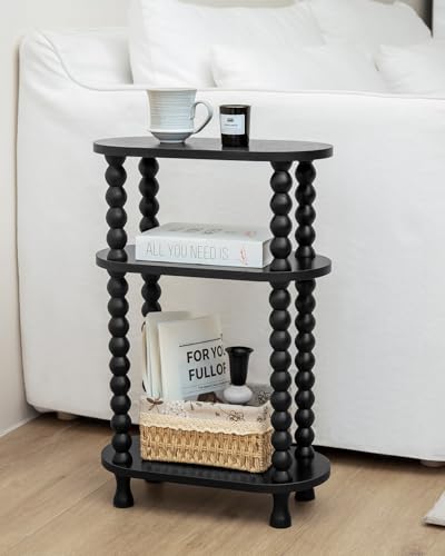 3-Tier Narrow Side Table, Slim End Table for Small Spaces | Skinny wooden side table with shelf storage. Ideal as living room accent or bedroom nightstand.Easy assembly, space-saving - color: Black