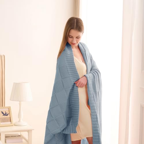 CozeCube Dusty Blue Knitted Checkered Throw Blanket 50"X60" | Check Knit Throw for Couch, Decorative Christmas Soft Cozy Warm Blanket for Bed Sofa Living Room - color: Dusty Blue, size: 50"X60"