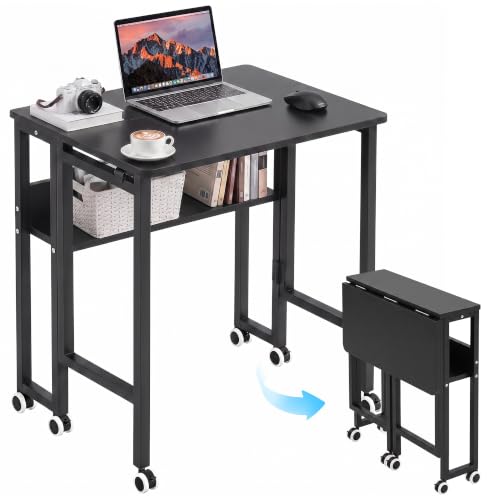 VECELO Folding Desk with Upgraded Wheels, 24.8 Inch Rolling Computer Table with Storage Shelf, Space Saving Sofa Table, Portable Mobile Workstation for Small Spaces, Easy Assembly, Black - color: Black