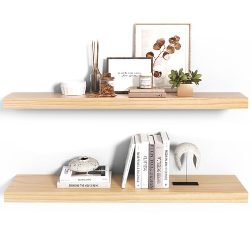 Habudda Floating Shelves, Wood Wall Shelf, Natural Wooden Home Decor for Bathroom Kitchen Bedroom, Hanging Mounted Invisible Bracket, Extra Long 35.5 Inch, Set of 2 - color: Burlywood, size: 35.5"×6.7"×1.6"