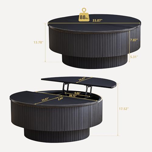 33" Round Coffee Table with Lift-Top & Flip-Top Storage, Modern Accent Fluted Coffee Tables with Metal Frame, Wooden Circle Center Table for Living Room Small Space Apartment Office (Black) - color: Black 33" Round Lift-top & Flip-top