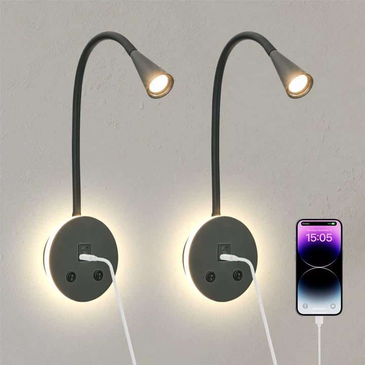 Black Headboard Reading Light with Nightlight, 2 Pack Wall Mounted Reading Lights with Switch, Plug-in Hardwired Reading Lamp for Bedtime Reading, Gooseneck Reading Sconces for Bedroom, Bedside - color: Black-2 Pack