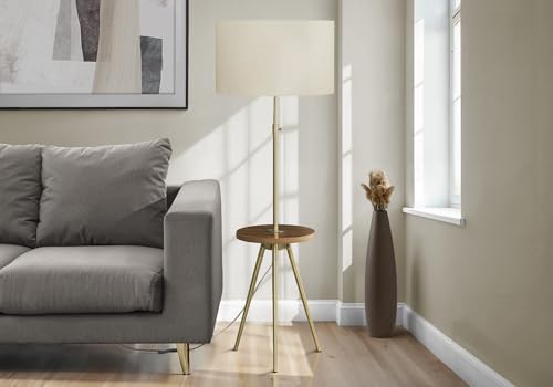 63" Gold Metal Floor Lamp with Adjustable Neck, Tripod Base, Built-in Table Shelf, Ivory Linen Shade for Living Room Bedroom Office