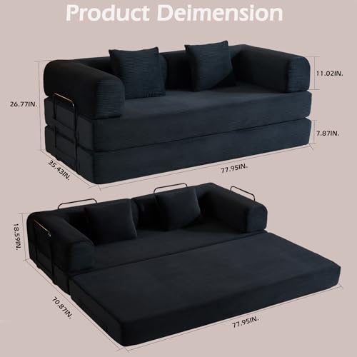 Convertible Sleeper Sofa Bed,Corduroy Folding Mattress Couch with Cylindrical Pillows,Metal Frame,High-Density Sponge,Reconfigurable Lounge Seat for Living Room Bedroom Apartment (Black,Couch) - color: Black, size: 77.95"L x 35.43"W x 26.77"H