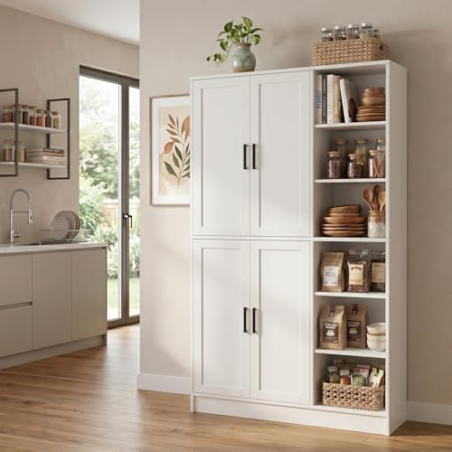 holzart 63" Tall Kitchen Pantry Cabinet, Freestanding Dining Room Storage Hutch with 4 Doors and Adjustable Shelves, Modern Utility Cupboard for Coffee Bar and Microwave, White - color: White