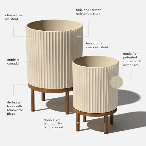 Veradek Demi Series Raised Duo Planters - Set of 2 Planters with Stands | Made From a Durable Plastic-Stone Composite & Comes With Wooden Stand. Modern Porch/Patio Décor - color: Sand/Brown, size: Bundle - 2 Pack