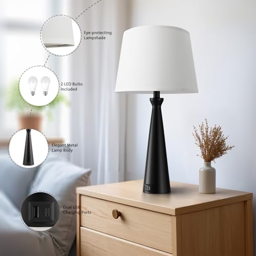 Modern Touch Lamps for Nightstand, 3 Way Dimmable Bedroom Lamp Set of 2 | USB C+A Charging Ports, Black Bedside Lamps for Bedroom, Living Room, End Table, Bed Side, LED Bulb Included - color: A. Black Base-White Shade