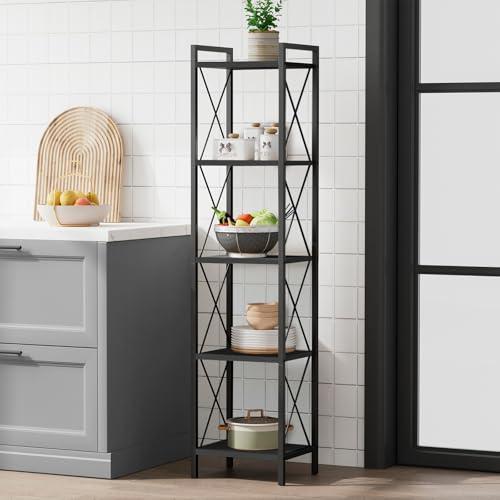 Homhedy 5 Tier Small Bookshelf, Tall Narrow Bookcase, Metal Book Shelf | Industrial Style for Small Spaces, Home, Office, Living Room, Kitchen, Bedroom , 10.4" D x 13" W x 55.1" H, Black - color: Black, size: 10.4"D x 13"W x 55.1"H
