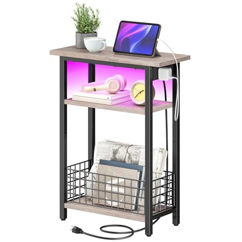 HOOBRO Narrow Side Table with Charging Station and LED Light, Small End Table with Storage, Skinny Nightstand with USB Port, Slim Bedside Table for Small Spaces, Living Room, Greige BG242UDBZ01 - color: Greige + Black