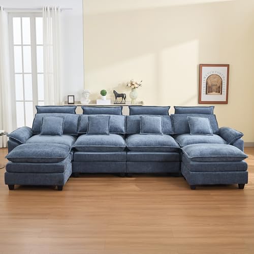 134'' Cloud Modern 4 Seater Couch with Detachable Headrest, Modular Sectional Sofa with 2 Ottoman, Oversized U Shape Chenille Comfy Sofa with Armrests for Living Room, Blue - color: Blue, size: U Shaped Couch