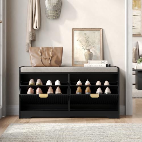 Maupvit 39.4" Fluted Shoe Bench with Storage, Narrow Entryway Bench, Black | with Removable Seat Cushion & 2 Flip-Drawers, Shoe Cabinet Bench, Boho Hidden Shoe Rack for Entrance, Hallway, Living Room - color: Black