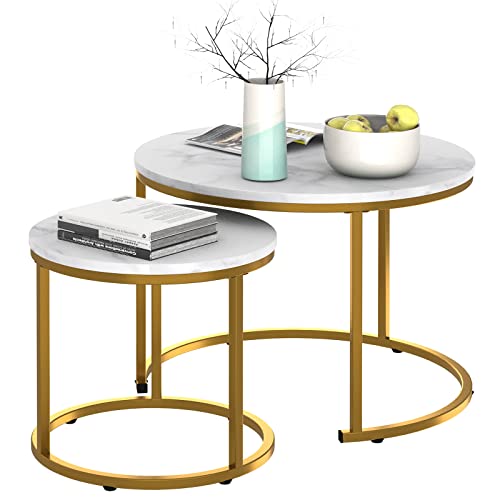Nesting Coffee Table Faux White Marble for Small Place 2 Sets Modern Furniture Living Room Sets End Side Table Night Stand for Bed Room Dining Room - color: White Marble