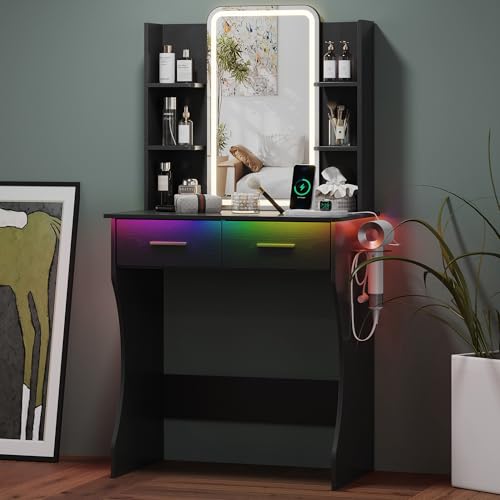 HUANLEGO Small Black Vanity Desk with Mirror and Lights for Women Girls | Vanity Mirror with Lights, 3 Lighting Adjustable, LED Light Strips, Built-in Power Outlet, Compact Dressing Table For Girls - color: Black, size: 27.56x15.55x51.30 in