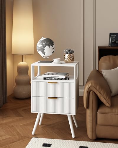 Leomonio White Nightstand, Modern Bedside Table with 2 Storage Drawer and Open Wood Shelf, for Bedroom and Small Spaces, Night Stand with Solid Wood Legs - color: White