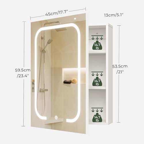 Lighted Bathroom Medicine Cabinet with Mirror, LED Bathroom Vanity Mirror with Storage, 3 Color Temperatures, Wall Mounted Bathroom Cabinet, Adjustable Shelves, Touch-Sensitive Control, White